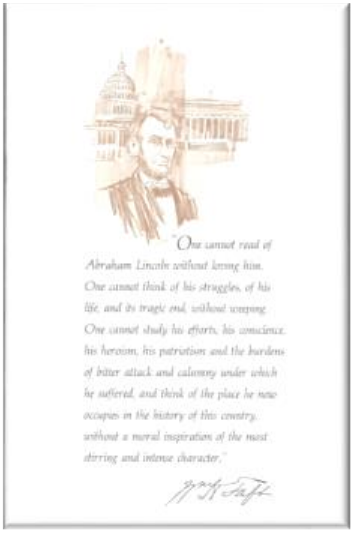 Portrait of Abraham Lincoln with a historical text background.