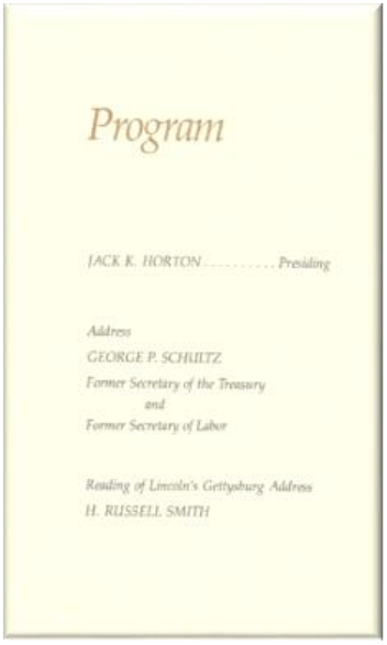 Section of a formal program listing Jack E. Horton as presiding and George P. Shultz as an address speaker.