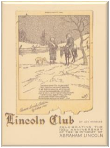 Vintage illustration of people in a snowy landscape with a poem and Lincoln Club text.